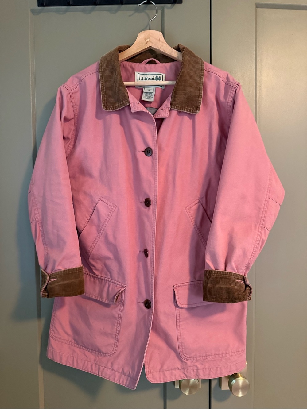 L.L. Bean Pink Canvas Utility Jacket with Brown Corduroy Trim